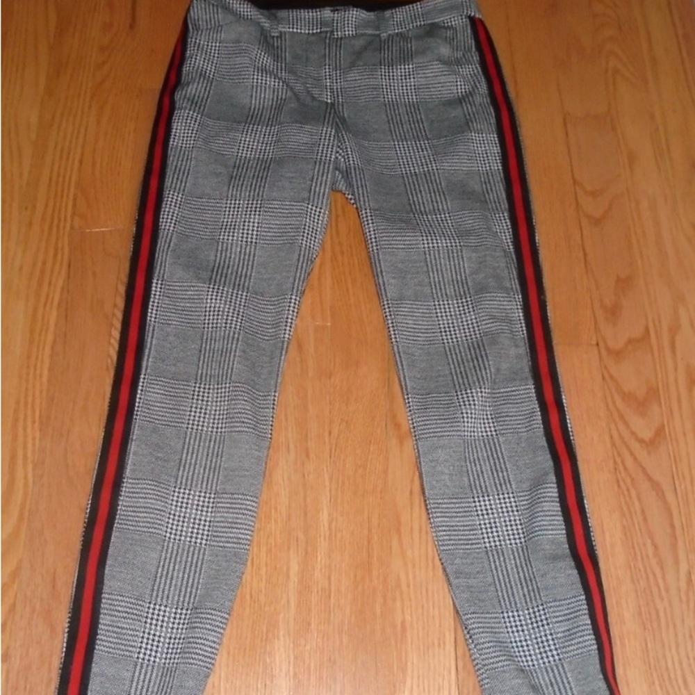 NWT Stylish preppy Gray Plaid Express Work Pants with Red Stripe down the leg